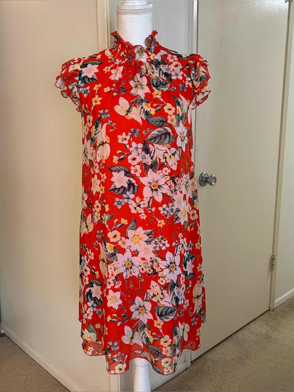Eliza J Chiffon Ruffle Mini Floral Summer Zipper Dress 6 Orange/Red Lined